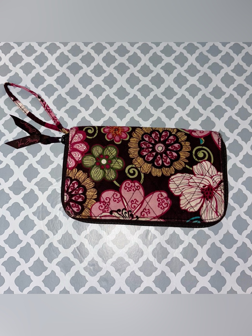 Vera Bradley Floral Wristlet in Pink & Brown with Green Accents